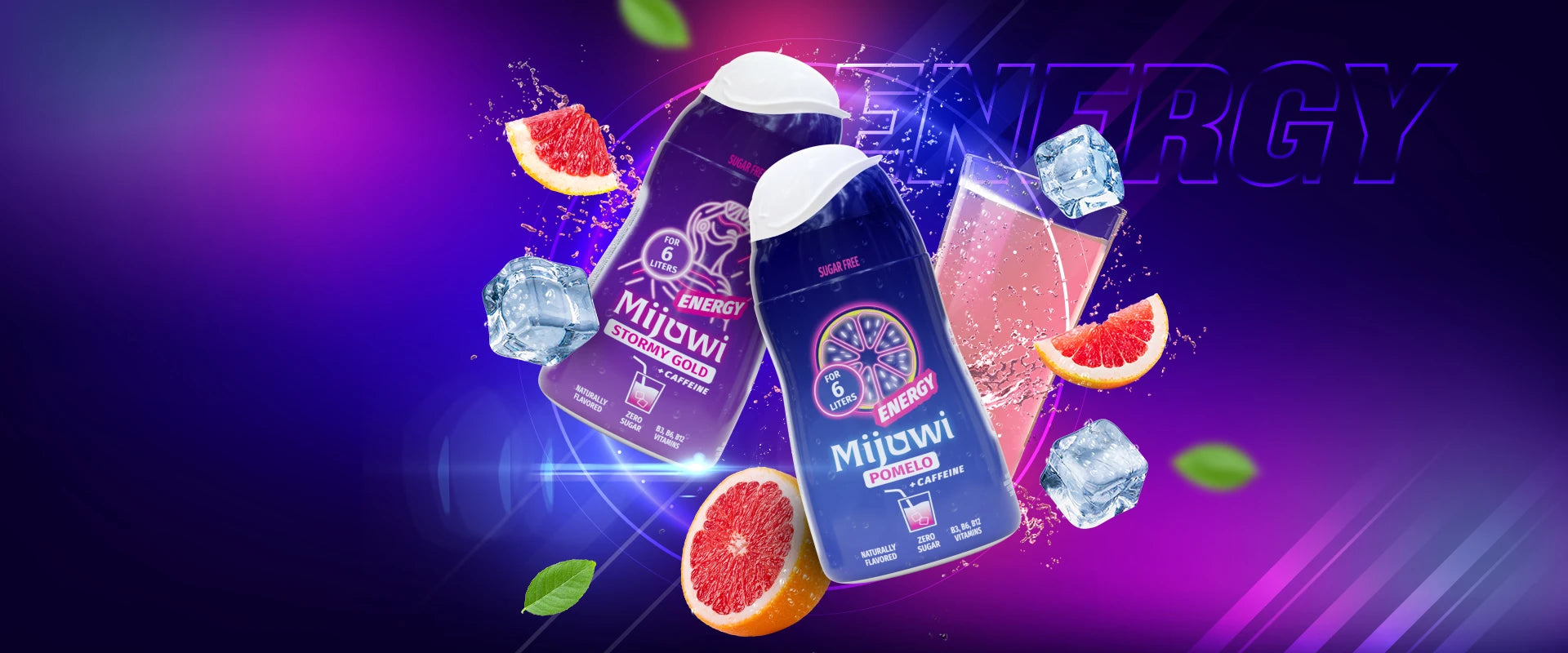 Mijuwi Energy Zuckerfreie Sirups in den Geschmacksrichtungen Pomelo und Stormy Gold mit Koffein und B-Vitaminen